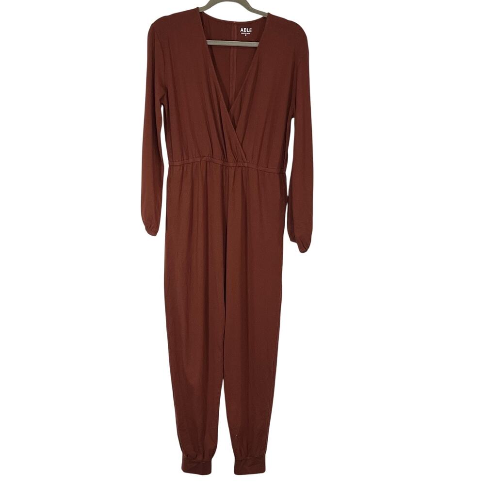 ABLE Clothing Sally Jumpsuit Size M Rust Cherry Mahogany Long Sleeve VNeck Knit